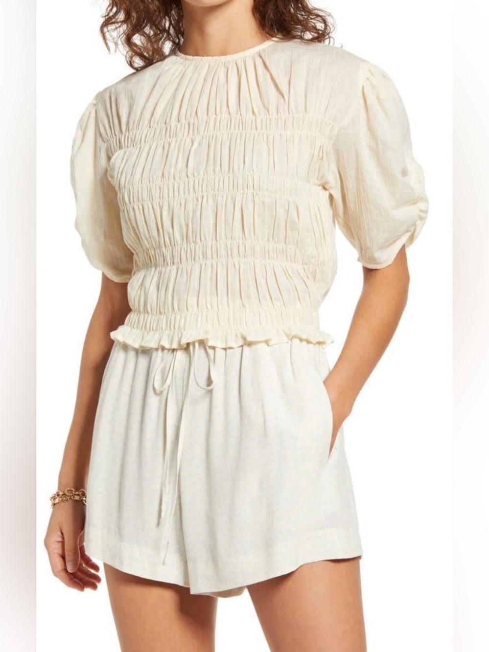 Smocked Short Sleeve Tee in Cream